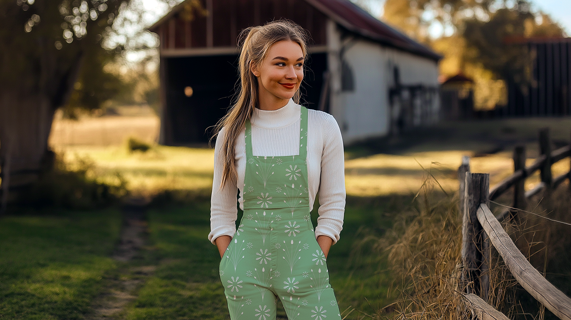 Green overalls mockup with white floral pattern on woman near a barn