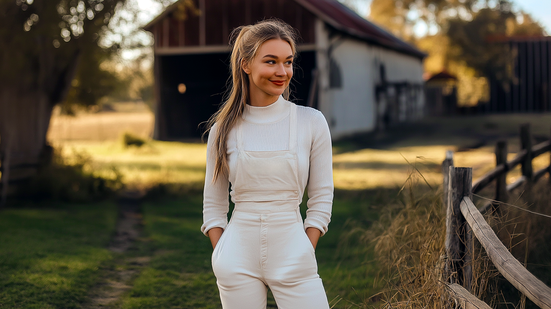 White overalls mockup on woman standing near a rustic barn at sunset
