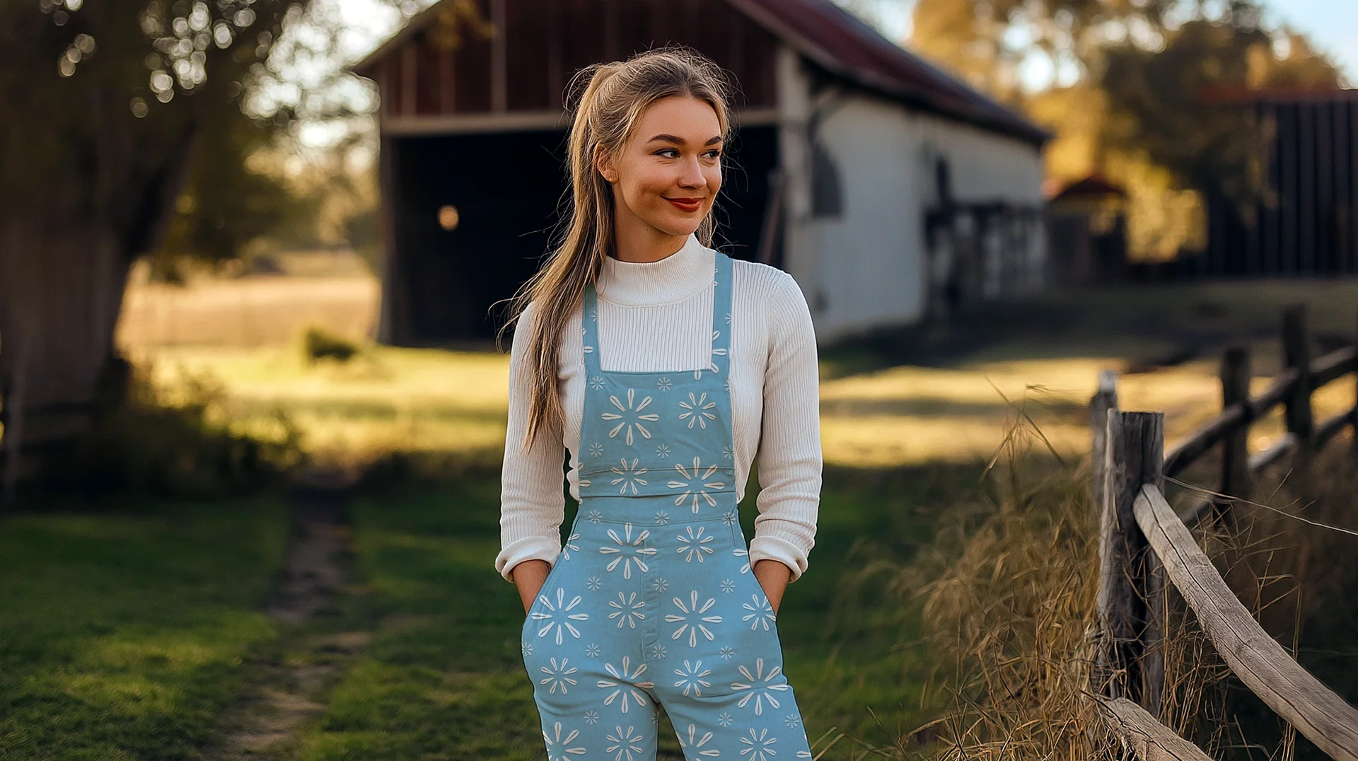 Blue floral overalls on woman standing in a grassy field near a rustic barn